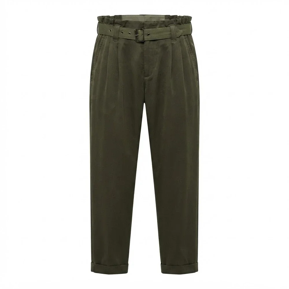 PAIGE Anessa Paperbag Pants Women 0 Scarab Green Belted Pleated Modal